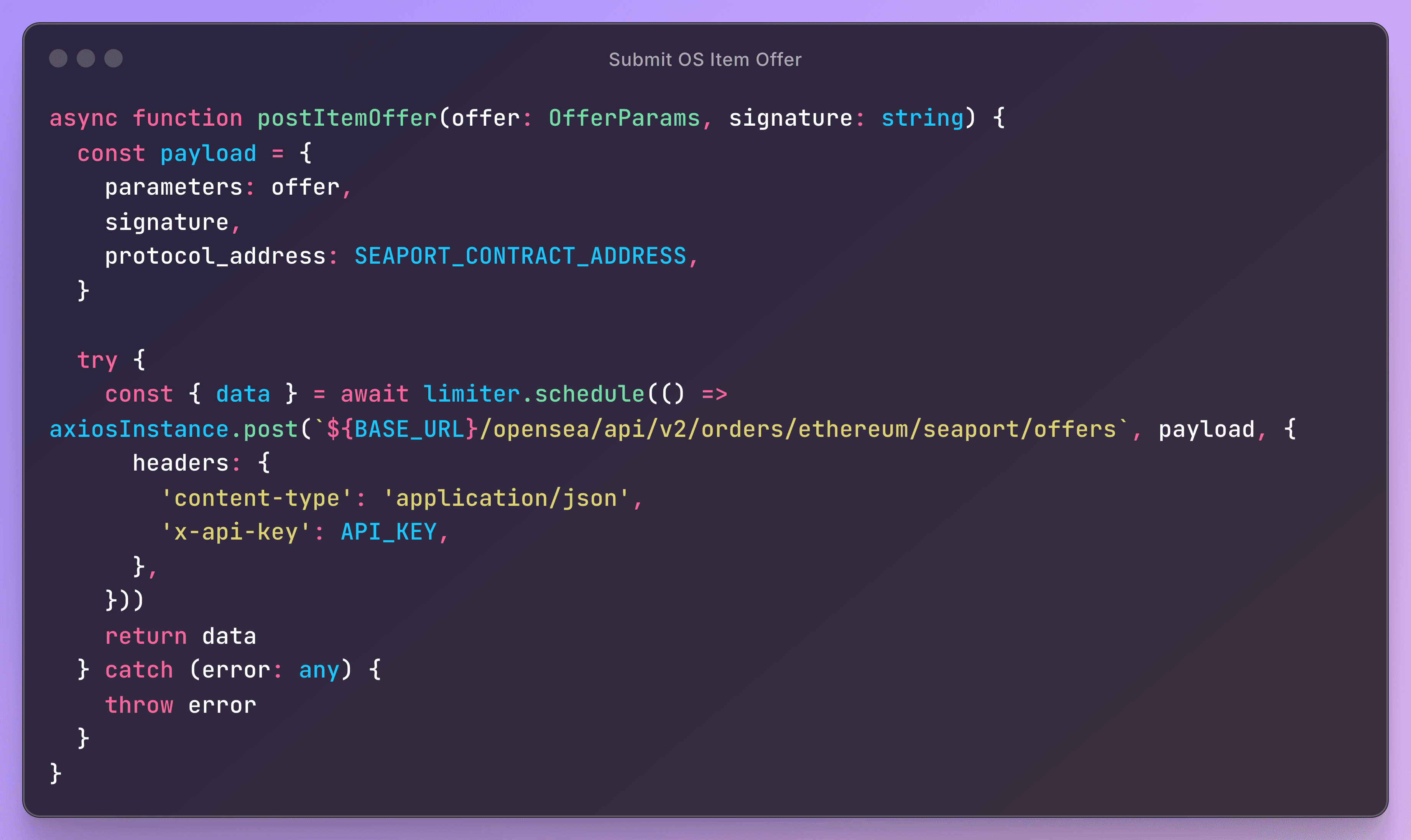 Submit OpenSea Item Offer API Example